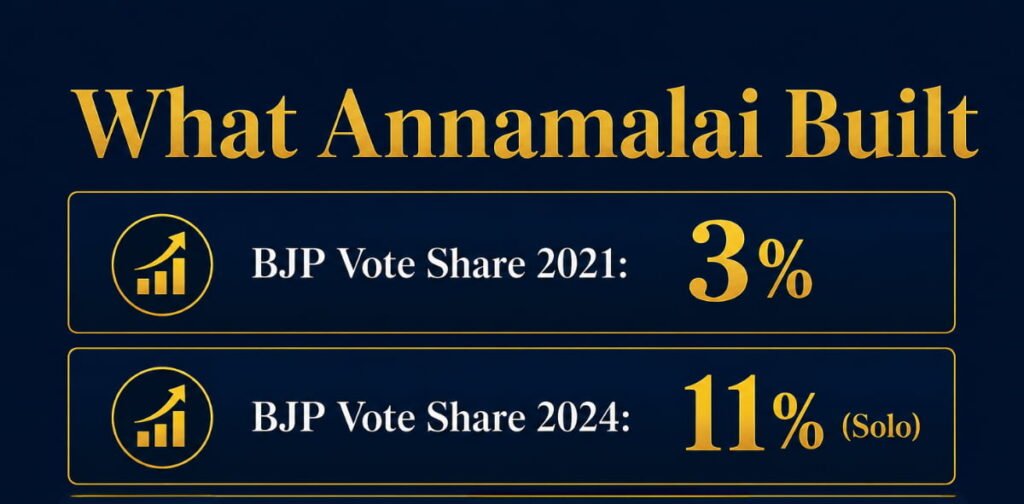 BJP vote share growth Tamil Nadu 2021 to 2024 under Annamalai