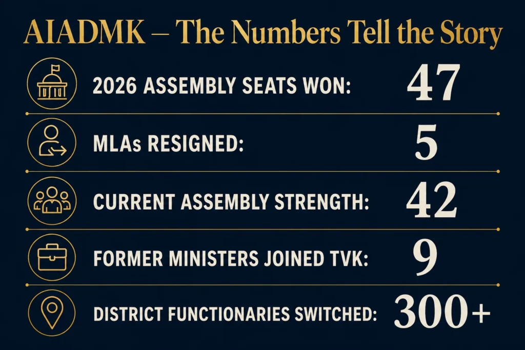 AIADMK 2026 data card showing 47 seats won 5 MLAs resigned current strength 42 and 9 former ministers joined TVK