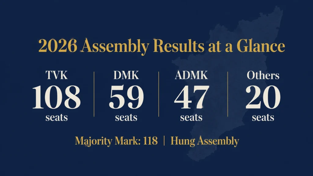 2026 Tamil Nadu Assembly Election Results — TVK 108, DMK 59, ADMK 47