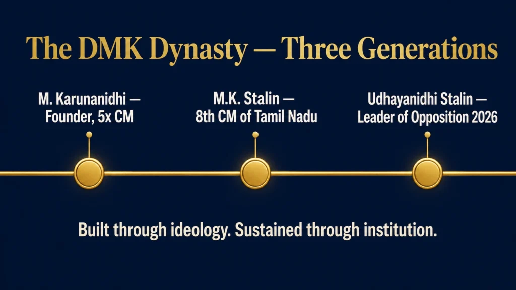DMK political dynasty timeline showing Karunanidhi Stalin and Udhayanidhi three generations of Dravidian leadership Tamil Nadu