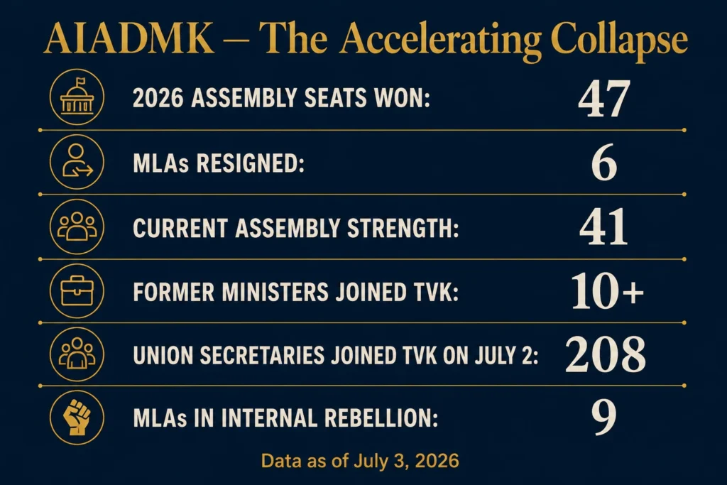 AIADMK collapse data card showing 47 seats won 6 MLAs resigned current strength 41 and 208 union secretaries joined TVK on July 3 2026