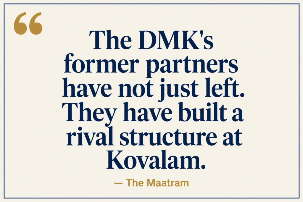 The Maatram quote card on DMK alliance collapse and TVK new front formation at Kovalam July 2026
