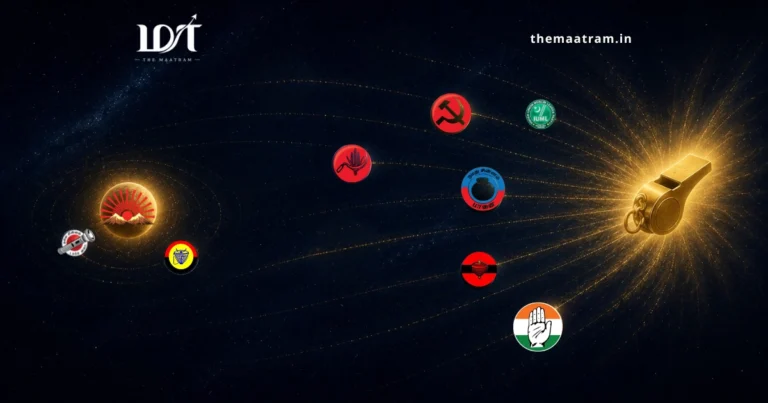 DMK rising sun losing gravitational pull as alliance partners Congress VCK IUML MDMK CPI CPM break orbit and move toward TVK whistle representing Tamil Nadu political realignment 2026