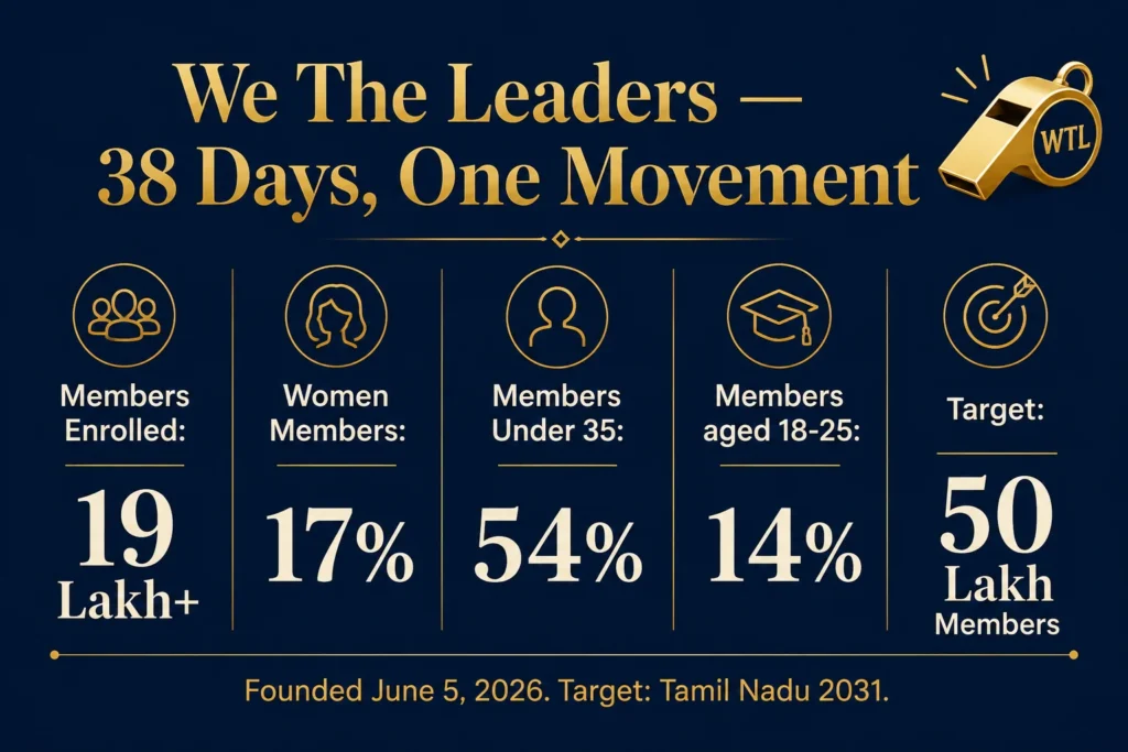 WeTheLeaders WTL movement data card showing 19 lakh members 54 percent under 35 years Annamalai Tamil Nadu 2031