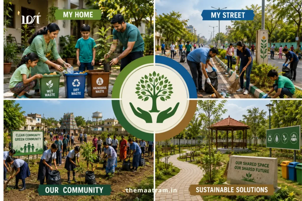 A four-panel illustration depicting community-driven environmental action: families segregating waste and planting trees at home, neighbourhood street clean-up campaigns, village and school-led greening initiatives, and sustainable public spaces maintained through long-term community participation and environmental stewardship.