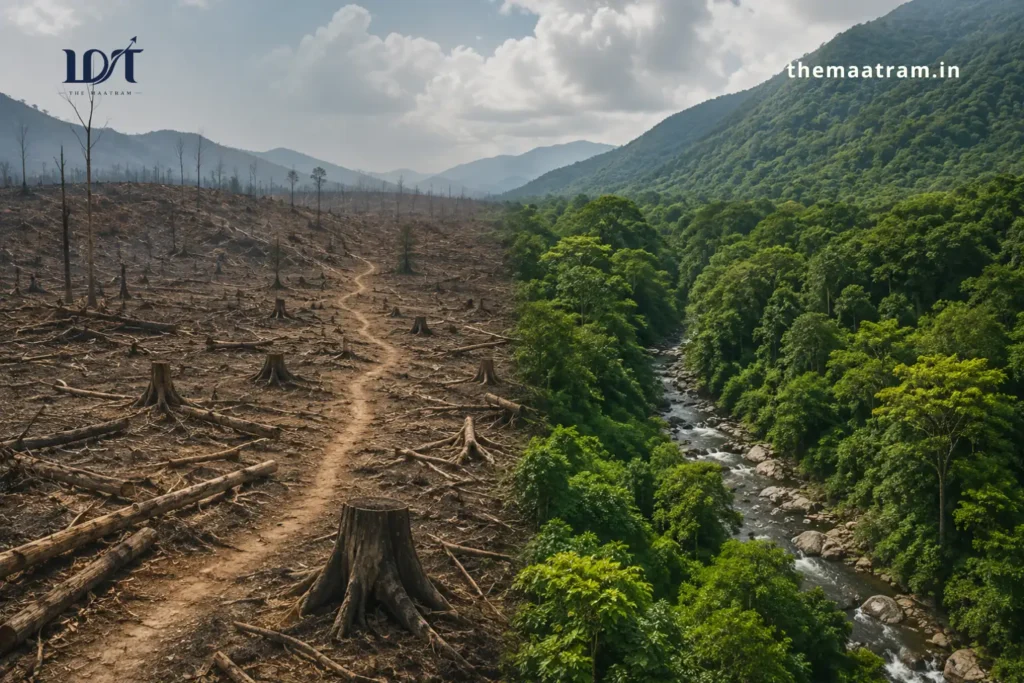 A dramatic contrast between a barren hillside cleared by deforestation with tree stumps and dead trunks, and a thriving green forest with a flowing mountain stream, symbolising the environmental consequences of forest loss and the importance of ecological restoration in Tamil Nadu.