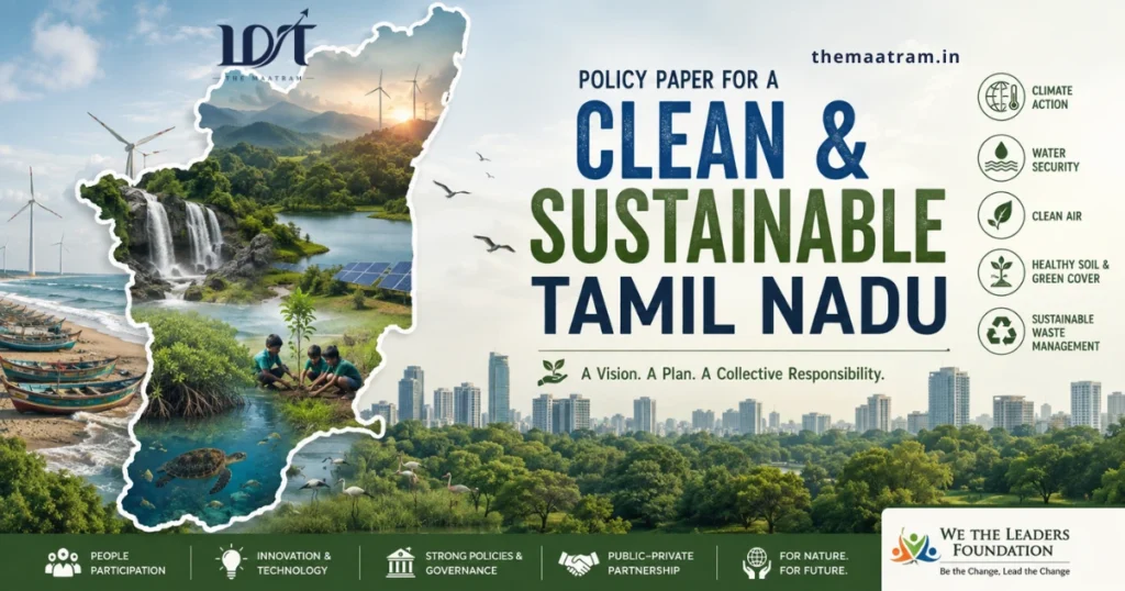 Hero illustration representing a clean and sustainable Tamil Nadu, featuring forests, rivers, renewable energy, coastal ecosystems, urban green spaces, wildlife, and community tree planting within the state's outline, symbolising a balanced vision of environmental conservation and sustainable development, Annamalai WTL.