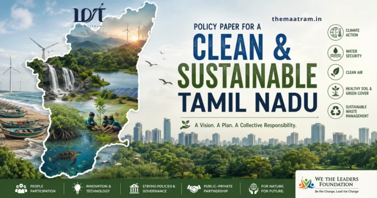 Hero illustration representing a clean and sustainable Tamil Nadu, featuring forests, rivers, renewable energy, coastal ecosystems, urban green spaces, wildlife, and community tree planting within the state's outline, symbolising a balanced vision of environmental conservation and sustainable development, Annamalai WTL.