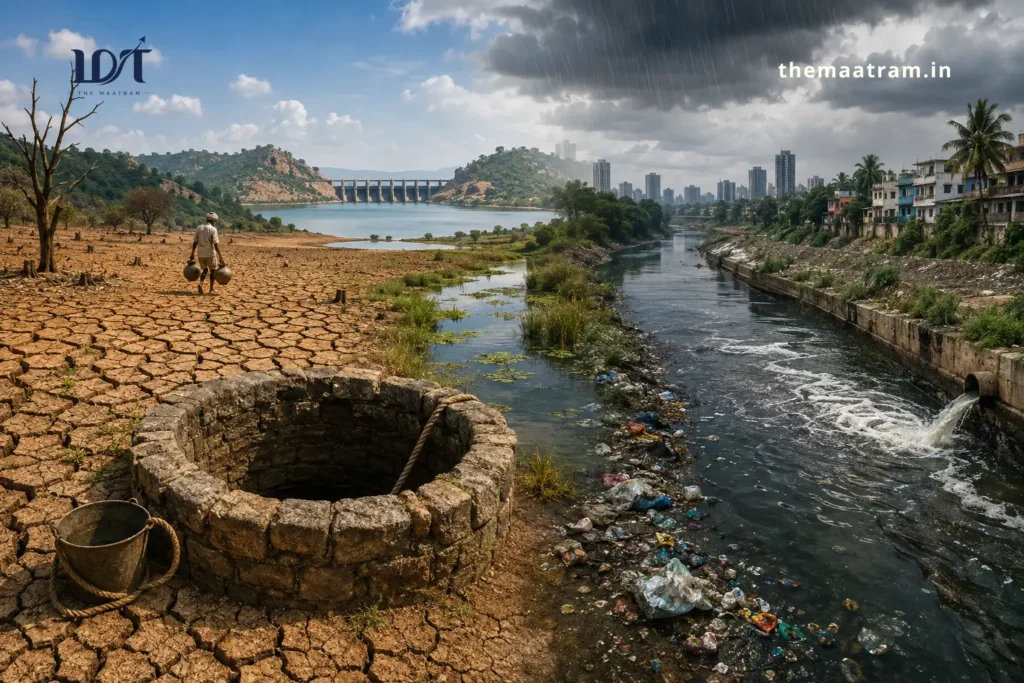 A split landscape illustrating Tamil Nadu's water crisis, showing drought-stricken land with a dry well and cracked earth on one side, and a polluted urban river receiving untreated wastewater on the other, highlighting groundwater depletion, water pollution, and the urgent need for sustainable water management.